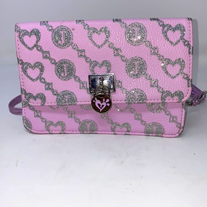Justice Girl's Pink & Silver Glitter Sparkle Hearts Purse w/ Part Chain‎